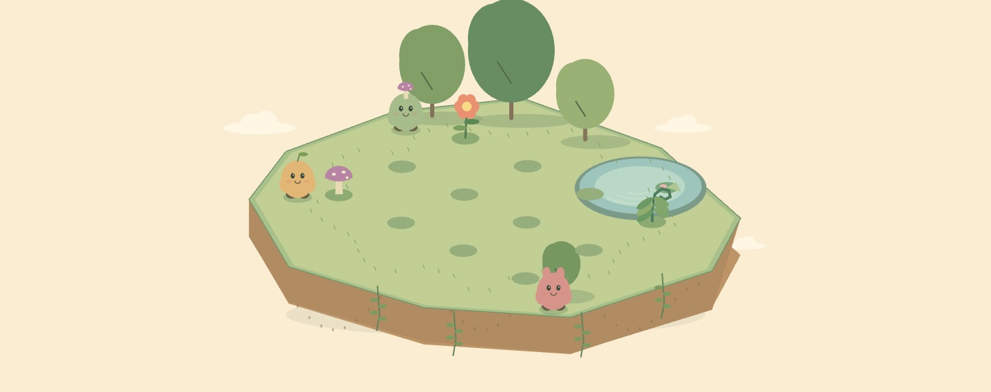 A small green island with a pond, flowers, trees and three round garden creatures
